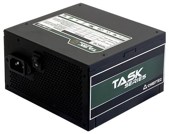 Eine schwarze Computer-Netzteileinheit mit der Bezeichnung 'TASK Series', entworfen von Chieftec, mit sichtbarem Netzschalter und Lüftungsgitter.