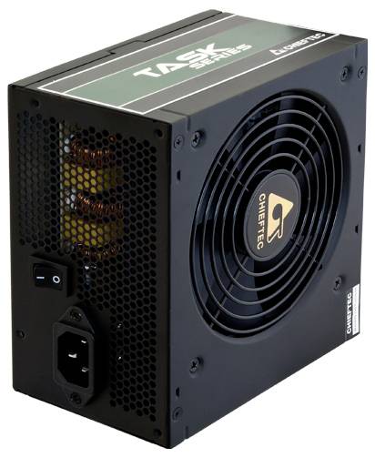 Chieftec TASK-Serie Netzteil mit Kühlventilator und sichtbarem Stromanschluss, entwickelt für Computerhardware.