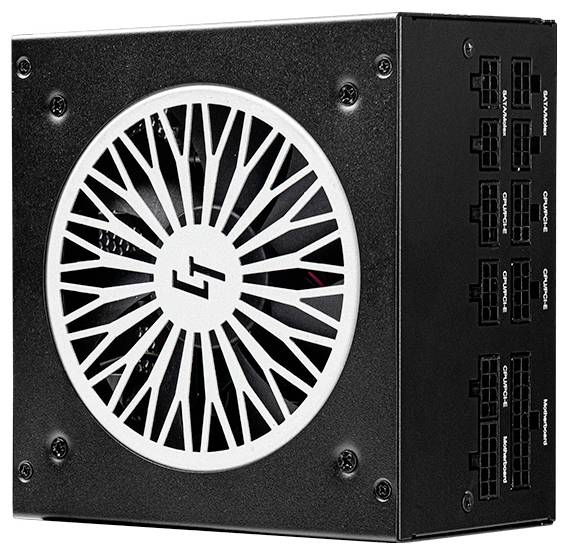 Eine schwarze Computernetzteile mit einem großen Lüfter und mehreren Anschlussports an der Seite, die für verschiedene Spannungsausgänge beschriftet sind.