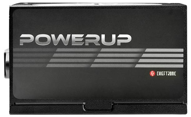 Eine rechteckige schwarze Box mit der Aufschrift 'POWERUP' in Silber und dem 'Chieftronic' Logo auf der rechten Seite. Scheint ein leistungsbezogenes Gerät zu sein.