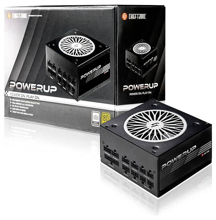 'PowerUp' Netzteil in Verpackung, mit der Aufschrift 'Power On, Play On', mit Ventilatordesign auf der Oberseite, versehen mit dem 80 PLUS Zertifizierungsabzeichen.