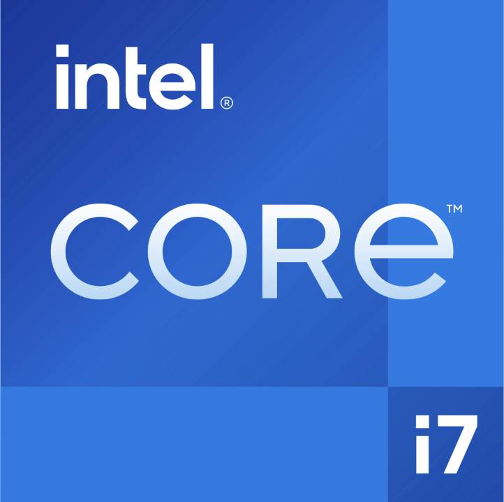 Intel Core i7 Logo mit einem blauen Verlaufshintergrund, bei dem die Intel- und Core-Markennamen prominent in weißer Schrift hervorgehoben sind.