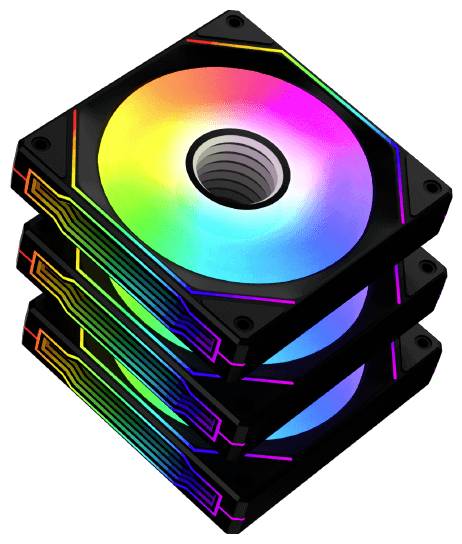 Ein Stapel von vier RGB-Computerventilatoren mit beleuchteten, mehrfarbigen Lichtern, die das lebendige Farbspektrum und das elegante Design hervorheben.