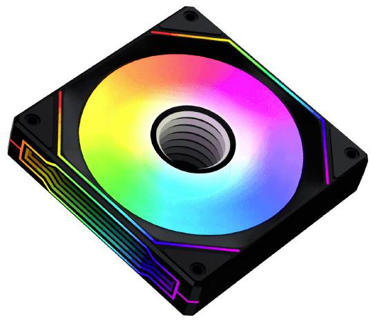 Ein quadratischer Computerlüfter mit RGB-Beleuchtung, der ein Farbspektrum darstellt, eingebaut in einen schwarzen Rahmen mit akzentuierten Ecken.