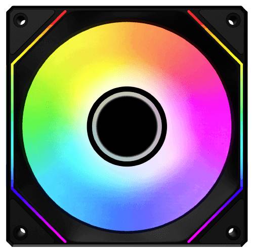 Ein quadratischer Computerlüfter mit lebendiger Regenbogen-LED-Beleuchtung, die vom Zentrum ausstrahlt und dabei Farben wie Rot, Blau und Grün durchläuft.