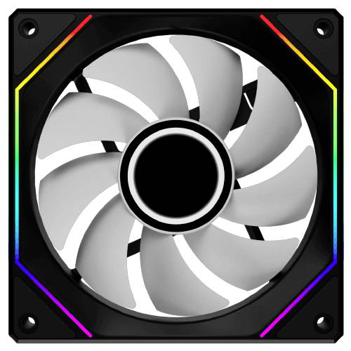 Ein Nahaufnahmebild eines Computerkühllüfters mit mehreren Rotorblättern und einem quadratischen Rahmen, der LED-Lichter an den Kanten aufweist.