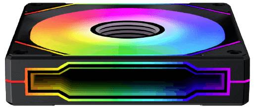 Ein quadratischer Computerlüfter mit RGB-Beleuchtung, der einen Regenbogen-Farbverlauf zeigt.