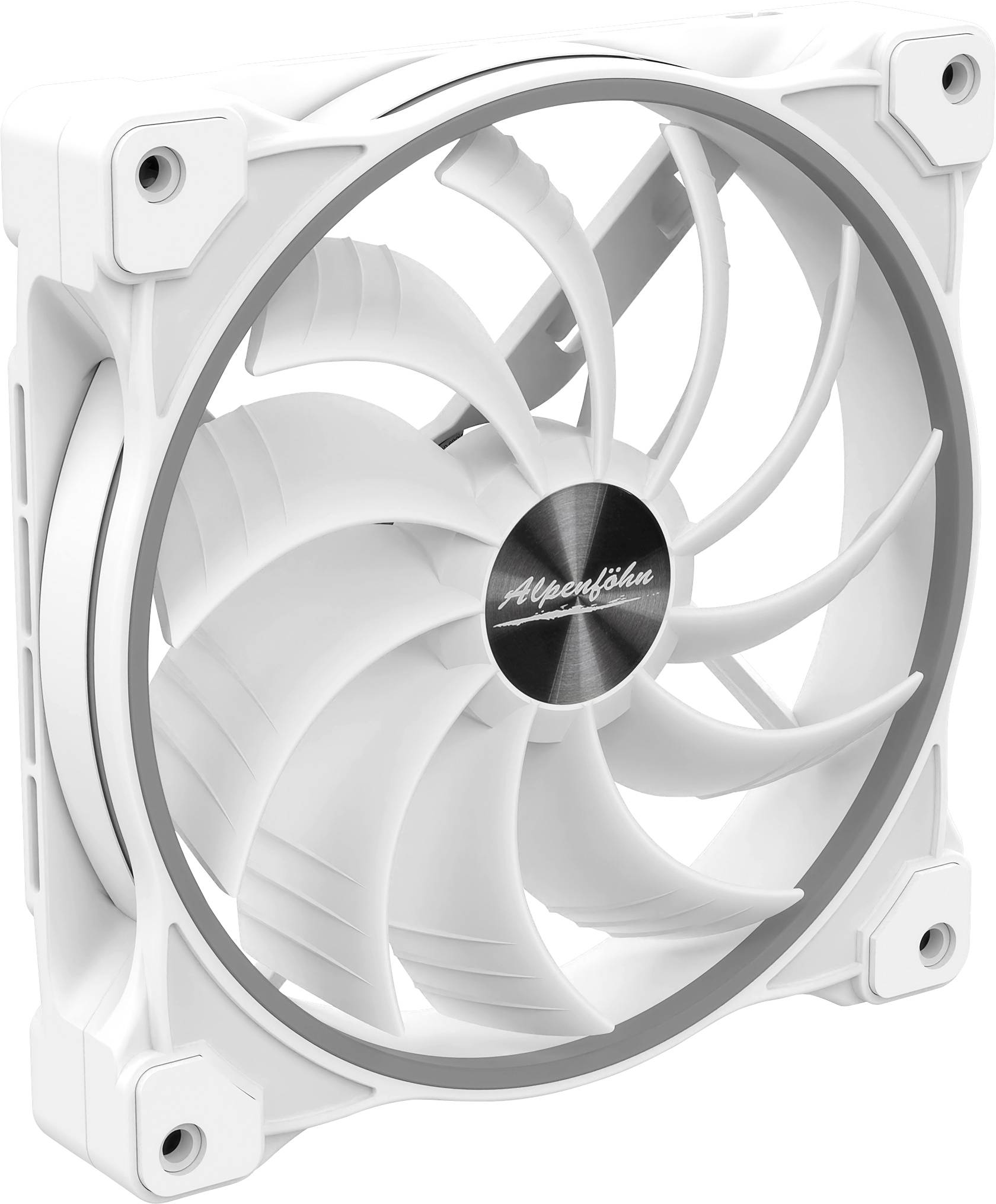 Ein weißer Computer-Kühlventilator mit kreisförmigem Design und mehreren Lamellen, die in einem quadratischen Rahmen untergebracht sind. Das Zentrum verfügt über ein metallisches Logo.