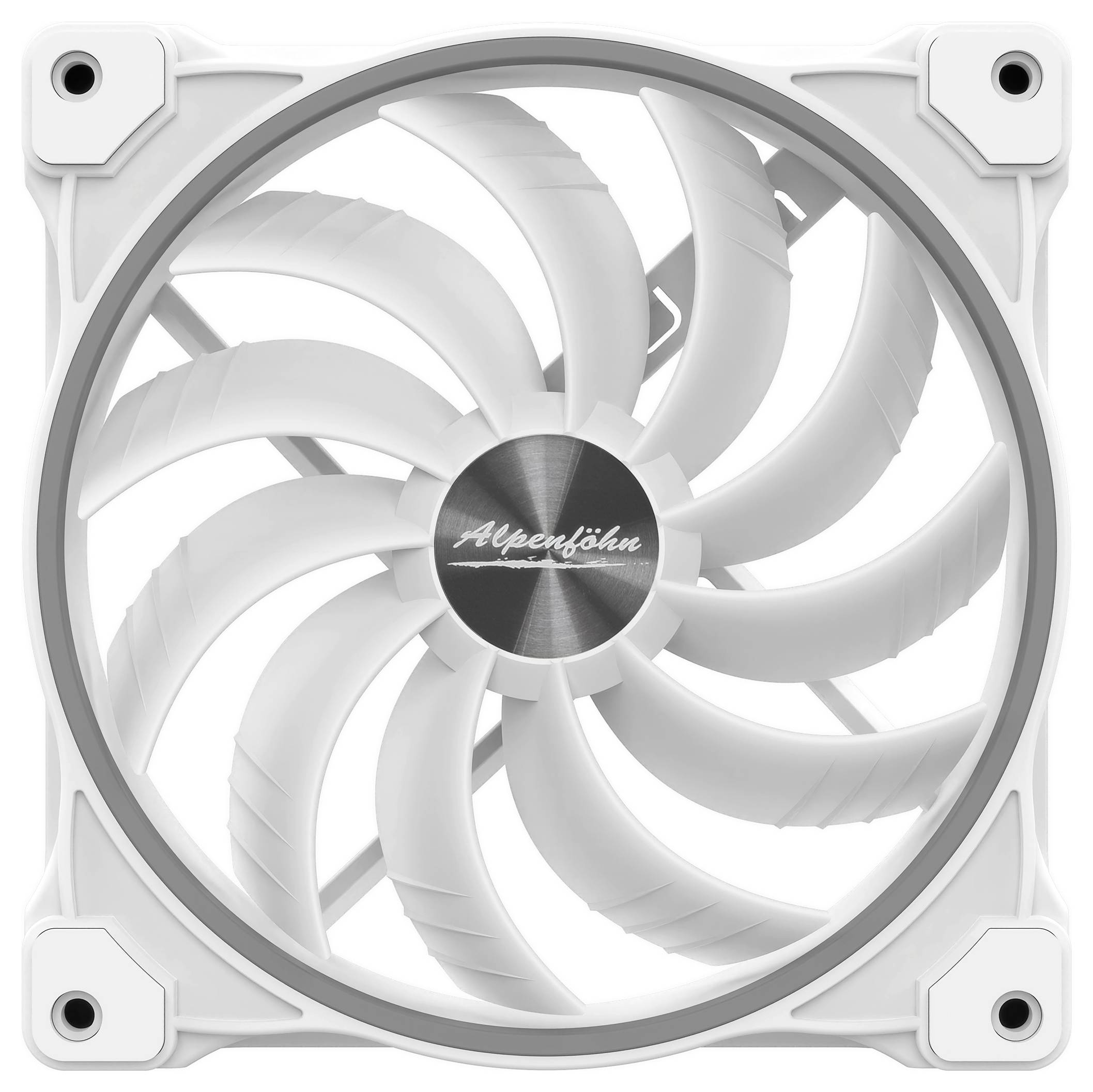 Ein weißer Computer-Kühlventilator mit mehreren geschwungenen Rotorblättern, der in einen quadratischen Rahmen eingebaut ist. Die Beschriftung in der Mitte lautet 