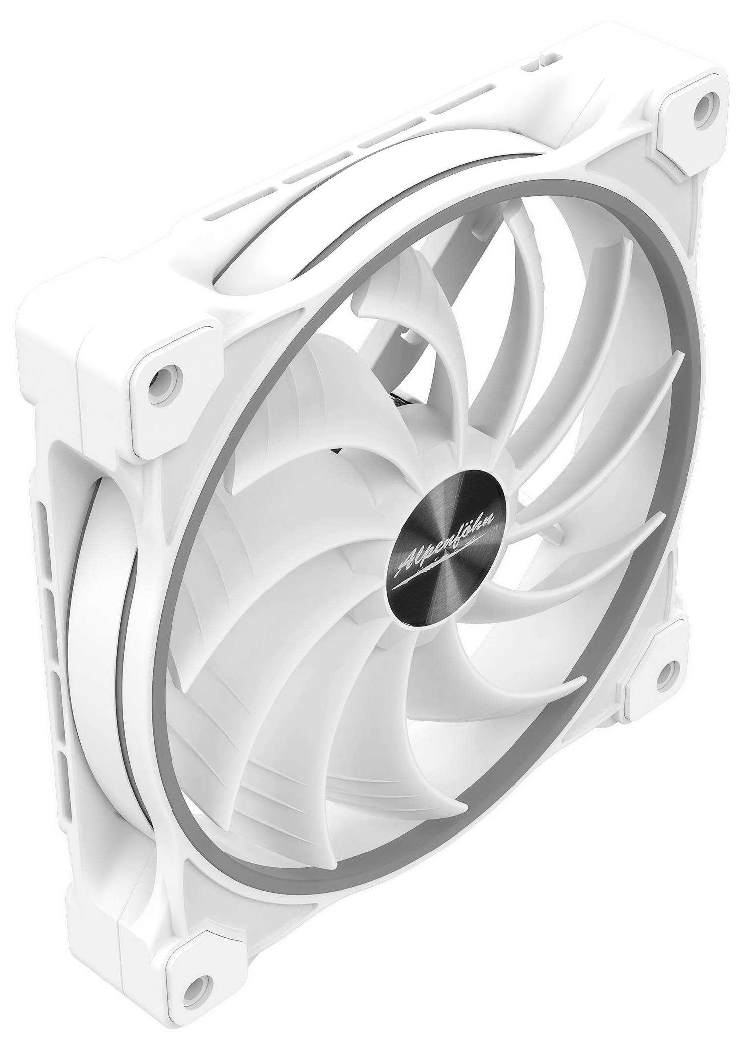 Ein weißer Computerlüfter mit mehreren Rotorblättern und einem kreisförmigen Mittelpunkt, konzipiert zur Kühlung. Er hat einen quadratischen Rahmen mit Befestigungslöchern.