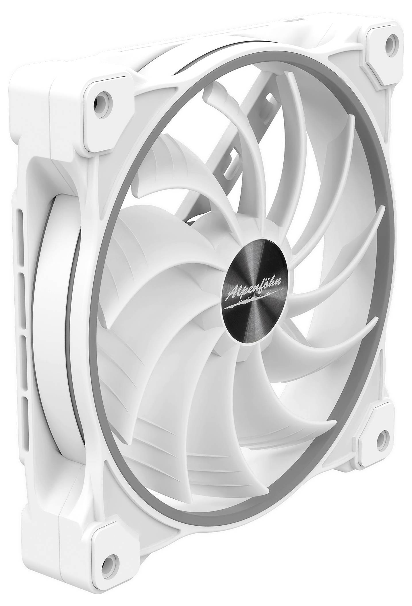 Ein weißer Computer-Kühlventilator mit mehreren geschwungenen Klingen und einer markierten Mitte, entwickelt für effiziente Luftzirkulation und Wärmereduzierung.