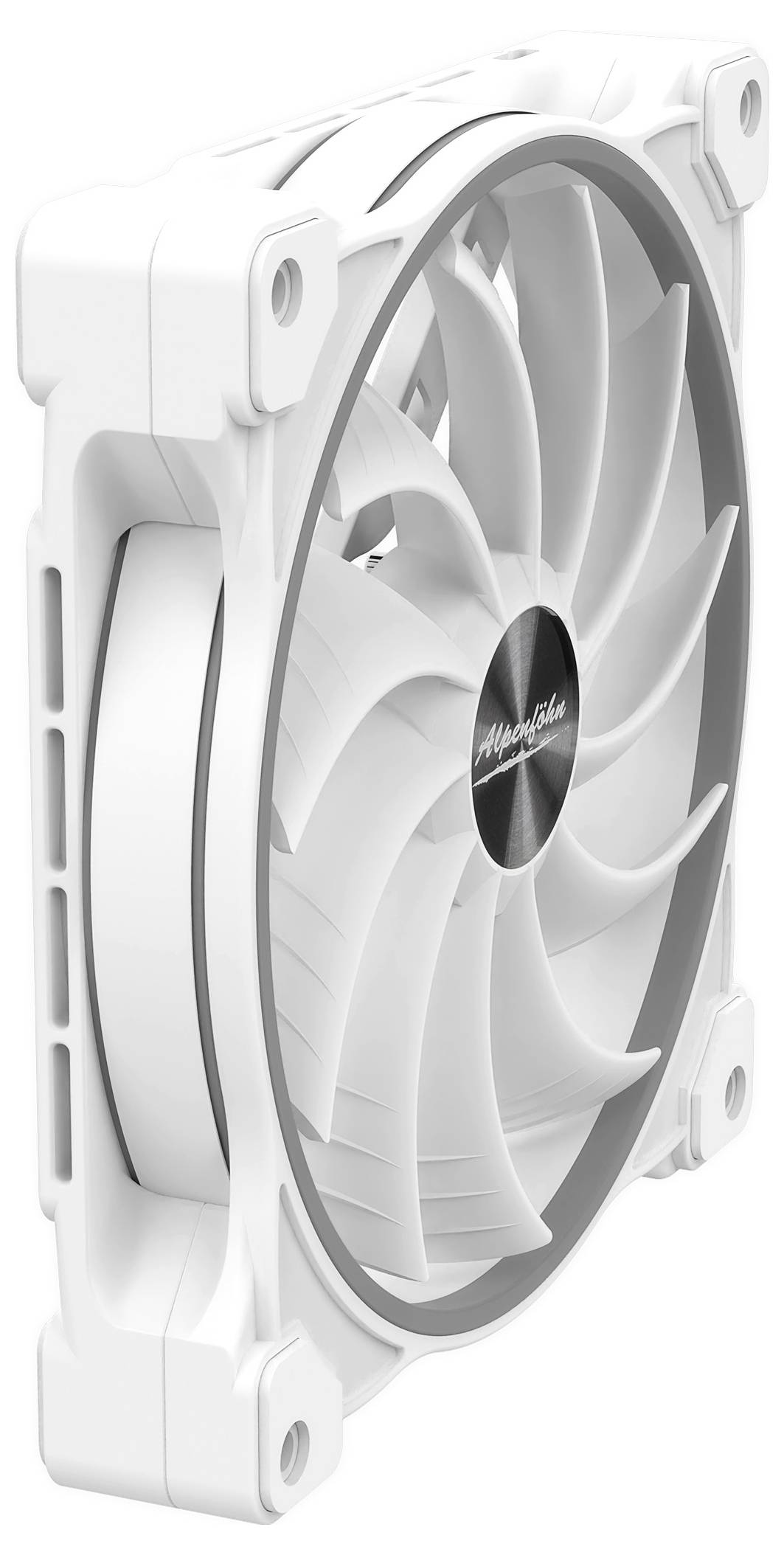 Ein weißer Computer-Kühlventilator mit mehreren Rotorblättern, der in einem rechteckigen Rahmen untergebracht ist und für effiziente Luftzirkulation und Wärmeableitung konzipiert ist.