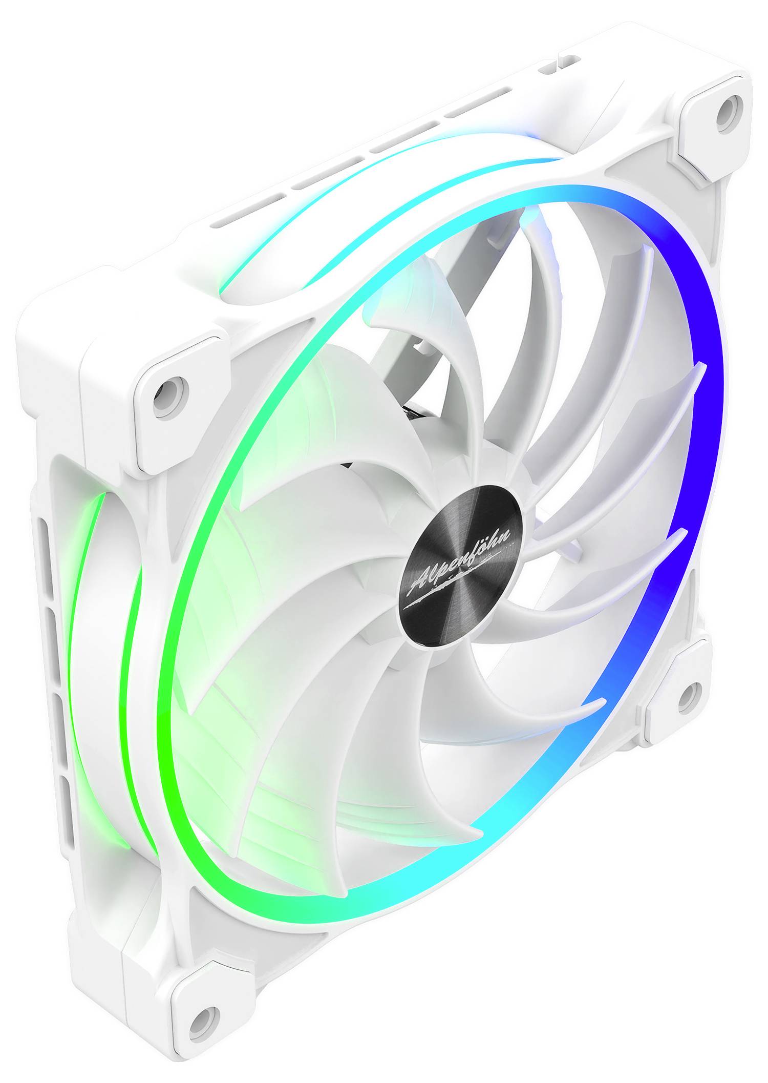 Computerlüfter mit weißen Klingen, RGB-Beleuchtung, die grüne und blaue Farben zeigt, und einem weißen Rahmen, von der Seite betrachtet.