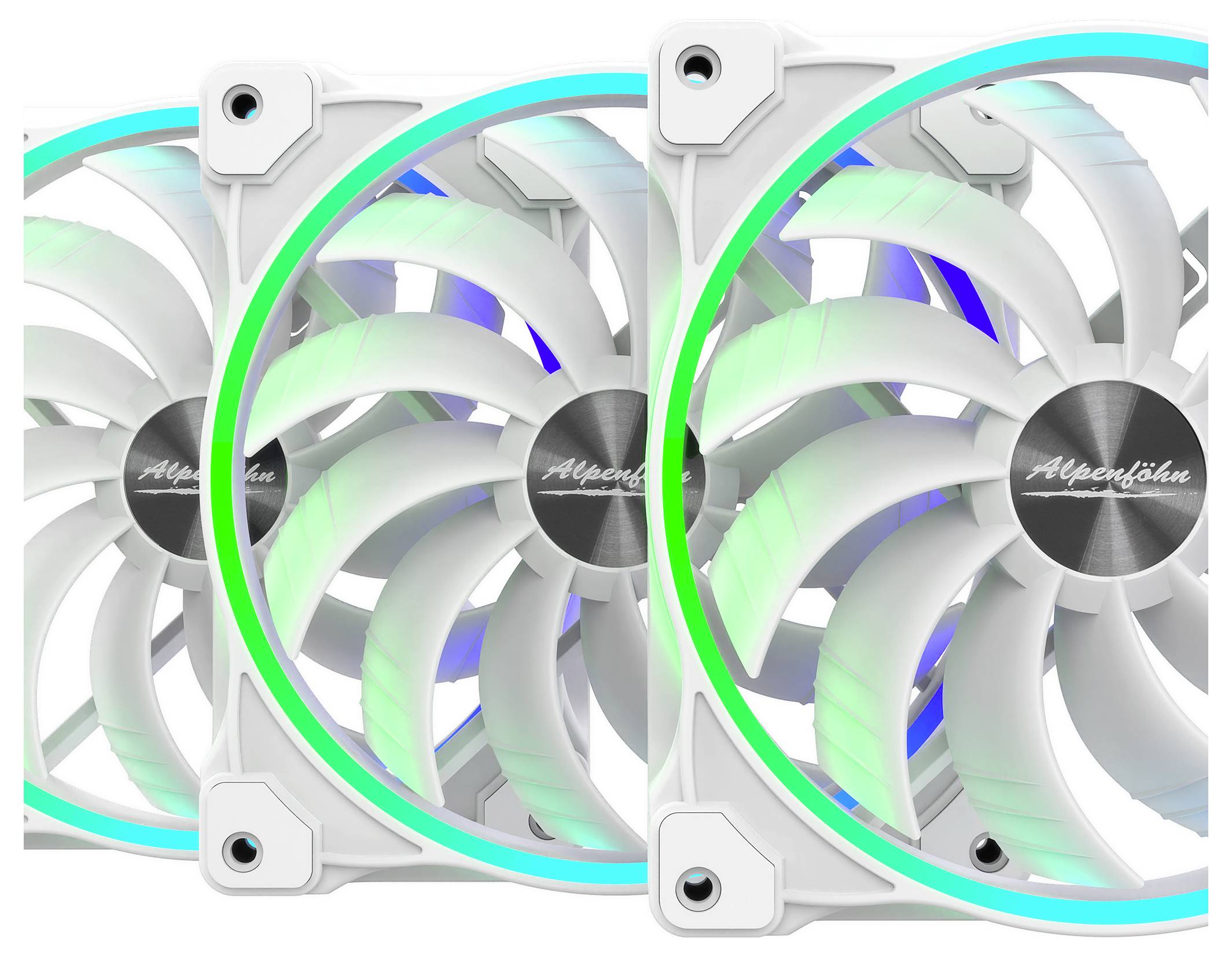 Drei Computerventilatoren mit weißen Rotorblättern und RGB-Beleuchtung sind abgebildet. Jeder Lüfter verfügt über ein Logo in der Mitte und grüne und blaue LED-Ringe.