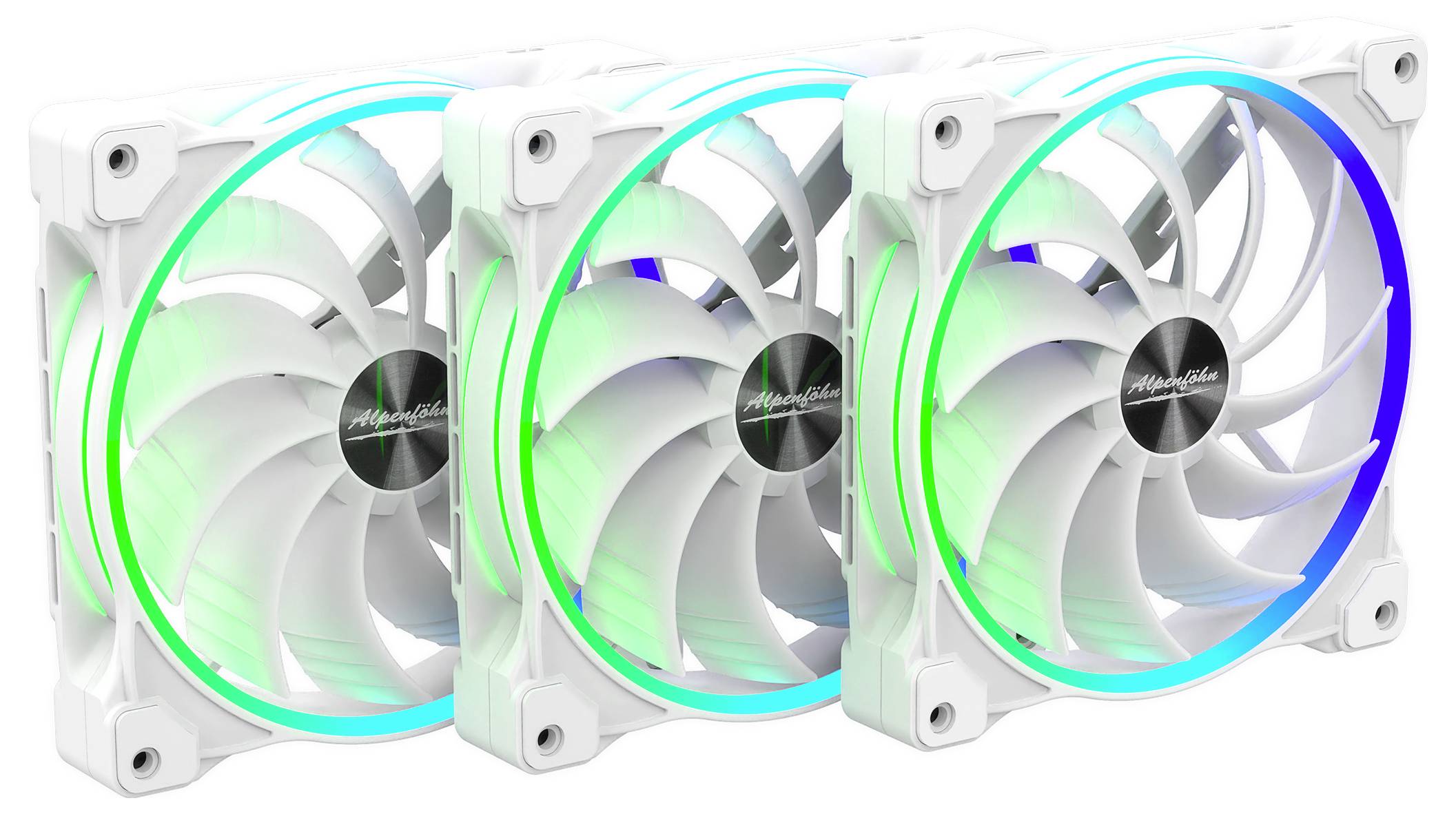 Drei weiße Computer-Kühlventilatoren mit RGB-Beleuchtung, die verschiedene Farben einschließlich Grün, Blau und einer gemischten Nuance an den Kanten zeigen.