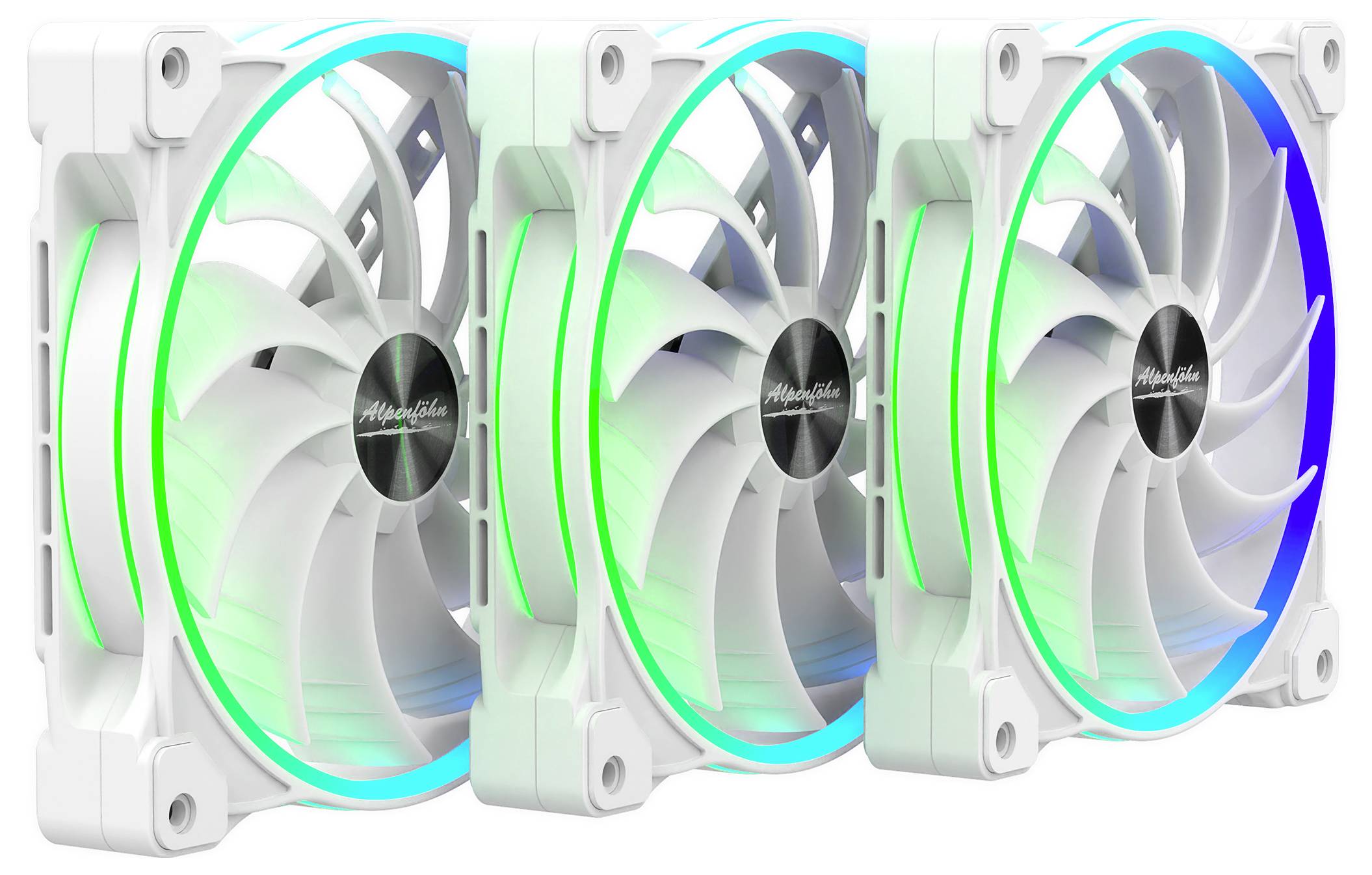 Drei weiße Computer-Kühlventilatoren mit beleuchteten grünen und blauen LED-Ringen sind nebeneinander ausgerichtet und zeigen ihr Design und ihre Beleuchtungseffekte.