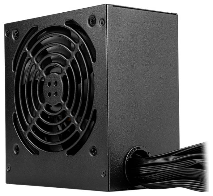 Eine schwarze Computernetzteileinheit mit einem Kühlventilator und mehreren seitlich angeschlossenen Kabeln, die zum Stromversorgen von PC-Komponenten verwendet wird.