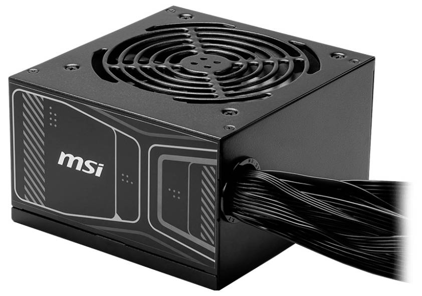 Eine schwarze Computer-Netzteileinheit mit einem Kühlventilator auf der Oberseite und mehreren Kabeln, die seitlich herausragen. Der Markenname 'msi' ist sichtbar.