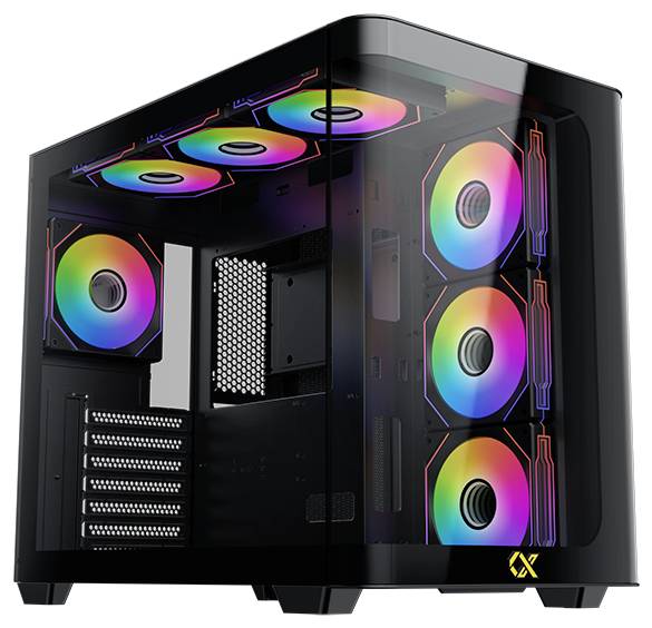 Ein transparenter Computergehäuse, der bunte RGB-Beleuchtung auf Lüftern und im Inneren präsentiert, entwickelt für High-Performance-Gaming oder kreative Aufgaben.