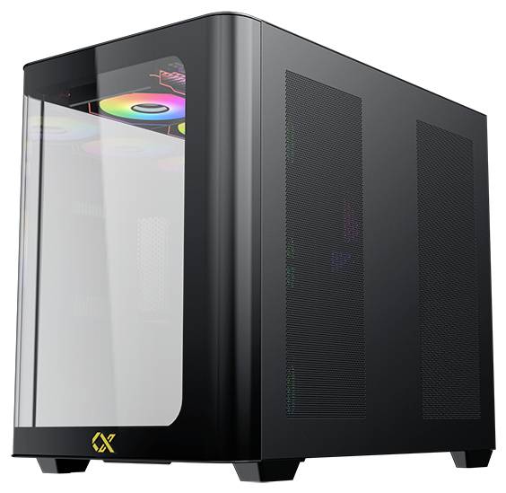 Ein schlankes schwarzes Computergehäuse mit transparentem Seitenfenster, das interne RGB-Beleuchtung und Komponenten präsentiert.