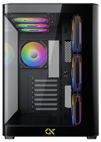 Ein schwarzes Computergehäuse mit transparenter Seitenscheibe präsentiert farbenprächtige RGB-Lüfter und mehrere Steckplätze für Komponenten im Inneren.