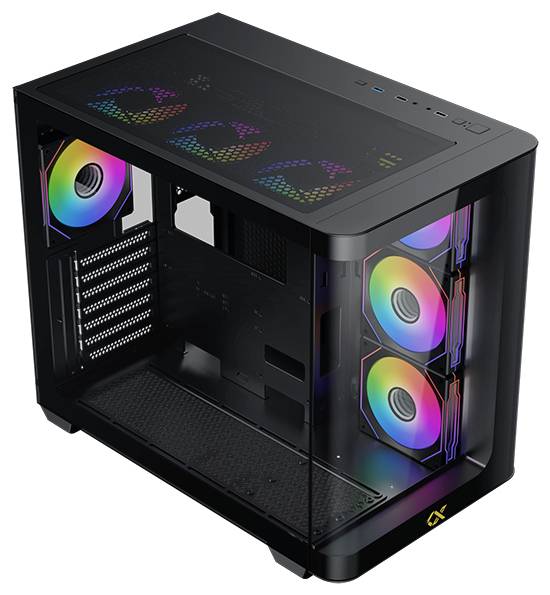 Ein schwarzes Computergehäuse mit transparentem Seitenpanel, ausgestattet mit bunten RGB-Lüftern an der Vorder- und Oberseite.