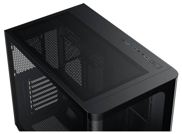 Ein schwarzes Computergehäuse mit einer schlanken, transparenten Seitenscheibe und Belüftung an der Oberseite. Es verfügt über mehrere Anschlüsse und Tasten am vorderen oberen Rand.
