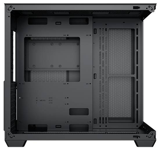 Ein schwarzer, leerer PC-Gehäuse von der Seite betrachtet, der die Innenausstattung zur Montage von Komponenten wie Mainboard und Laufwerken zeigt.