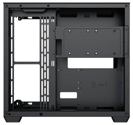 Das Bild zeigt das Innenleben eines leeren Computergehäuses und hebt die Montagebereiche für das Mainboard, Speicherlaufwerke und Kühlventilatoren hervor.