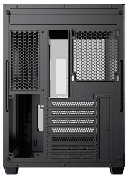 Das Bild zeigt die Rückansicht eines schwarzen Computergehäuses mit sechseckigen Gitternetzpanels, mehreren Erweiterungssteckplätzen sowie Öffnungen für Anschlüsse und Belüftung.