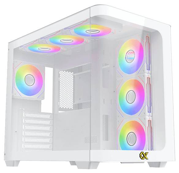Ein weißes Computergehäuse mit mehreren RGB-Lüftern, die lebendige Farben zeigen. Das Seitenpanel ist transparent und gibt Einblicke ins Innere.