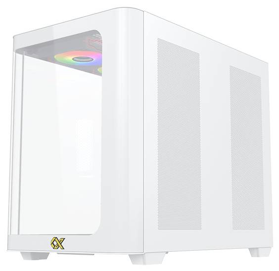 Ein schlankes, weißes Computergehäuse mit transparentem Seitenfenster und sichtbarer interner RGB-Beleuchtung. Die Front präsentiert zurückhaltende Branding-Elemente und ein minimalistisches Design.