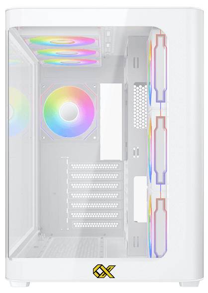 Ein weißes Computergehäuse mit mehreren RGB-beleuchteten Lüftern und einem Mesh-Seitenpanel. Es verfügt über Lüftungsöffnungen an Front und Oberseite und eignet sich ideal für Gaming-Setups.