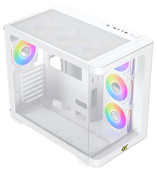 Weißes Computergehäuse mit transparentem Seitenfenster, ausgestattet mit drei bunten LED-Lüftern an der Frontseite und einem Lüfter oben.