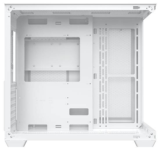 Ein weißes Computergehäuse mit geöffneter Seitenklappe, das die Innenarchitektur für die Montage von Komponenten, Belüftungsöffnungen und Kabelmanagement-Features zeigt.