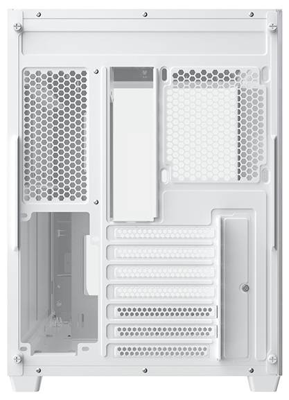 Eine weiße Computergehäuse-Rückansicht, die mehrere Erweiterungssteckplätze, Lüftungsgitter und Anschlüsse für Kühlung und Konnektivitätseinrichtung zeigt.