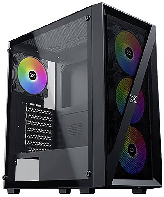 Ein Gaming-PC-Gehäuse mit transparenten Seitenpanels und vier farbenfrohen RGB-Lüftern, entwickelt für individuelle PC-Builds und verbesserte Luftzirkulation.
