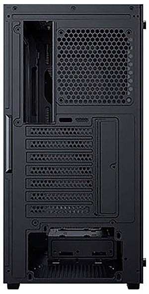 Die Abbildung zeigt die Rückansicht eines schwarzen Computer-Gehäuses mit mehreren Erweiterungssteckplätzen, einem Netzteilbereich und einem Lüftungsgitter.