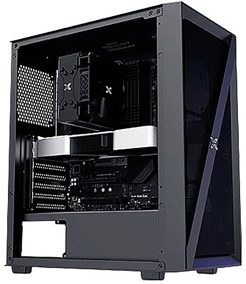 Ein schwarzer Desktop-Computerturm mit einer transparenten Seitenscheibe gibt Einblicke in interne Komponenten wie eine Grafikkarte, einen Kühlventilator und das Mainboard.
