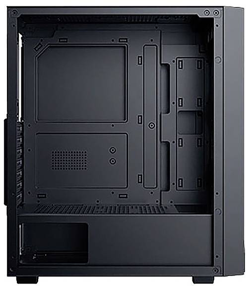 Ein schwarzes Computergehäuse mit geöffneter Seitenwand, die Einbauslots, Kabelmanagement-Bereiche und Belüftungslöcher zeigt.