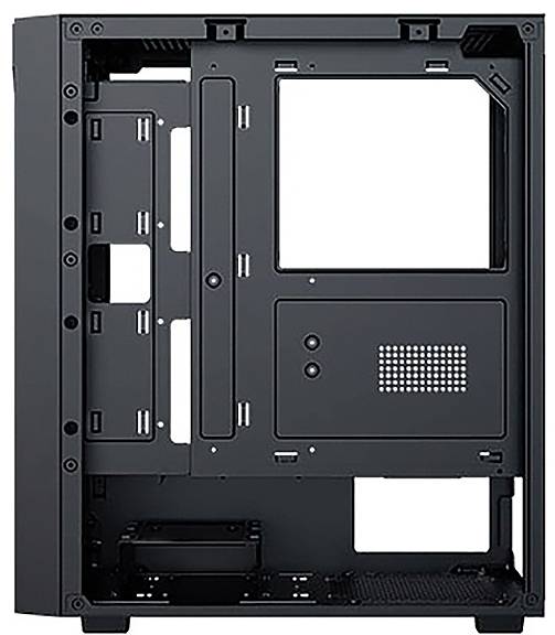 Ein schwarzes Computergehäuse, Seitenansicht mit offenem Seitenpanel, das einen leeren Innenraum mit mehreren Einschüben für Komponenten wie Mainboards und Laufwerke zeigt.