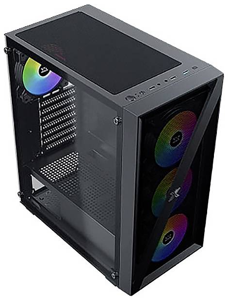 Ein schwarzes Computergehäuse mit sichtbaren RGB-Lüftern an der Vorder- und Seitenseite, das mit einem transparenten Panel ausgestattet ist und einen Blick ins Innere ermöglicht.
