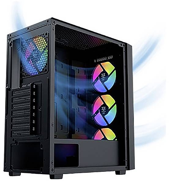 Ein Computergehäuse mit RGB-Beleuchtung in den Lüftern und am Seitenbelüftungsgitter, die Luftstrom und Kühlungseigenschaften hervorheben.