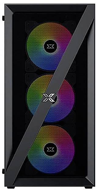 Ein schwarzes Computergehäuse mit drei RGB-Lüftern, die jeweils lebendige Regenbogenfarben zeigen und vertikal an der Frontseite angeordnet sind.