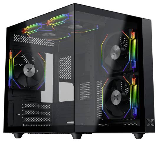 Ein schwarzer Computer-Tower mit transparentem Seitenpanel zeigt interne Komponenten, darunter bunt beleuchtete LED-Lüfter und Hardware.