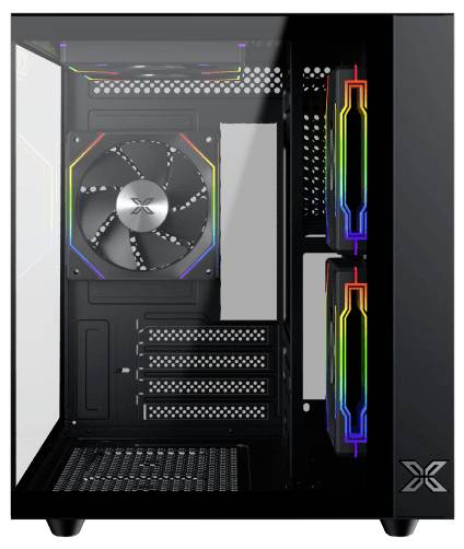Ein schwarzes PC-Gehäuse mit einer transparenten Seitenscheibe gibt Einblicke in die internen Komponenten, darunter RGB-beleuchtete Lüfter und reichlich Platz für Hardware-Installation.