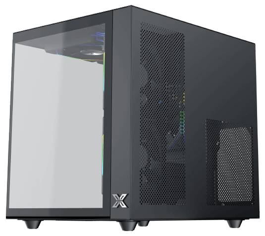 Ein schwarzes, würfelförmiges PC-Gehäuse mit einer transparenten Seitenscheibe, die Innenbeleuchtung und Lüfterkomponenten zeigt.