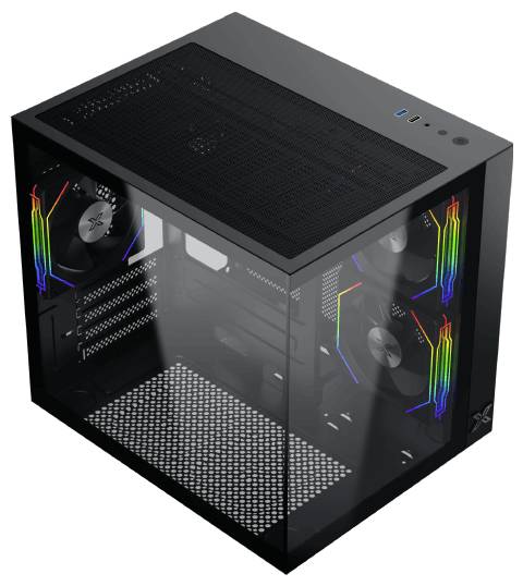Ein schwarzes, würfelförmiges Computergehäuse mit transparenten Seitenwänden, die interne Lüfter mit RGB-Beleuchtung offenbaren und einem Meshgewebe-Deckel für optimale Luftzirkulation.