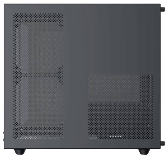 Ein schwarzes Computergehäuse mit einem Gitter-Seitenpanel zur Belüftung, mit sichtbaren Bereichen für die Montage interner Komponenten.