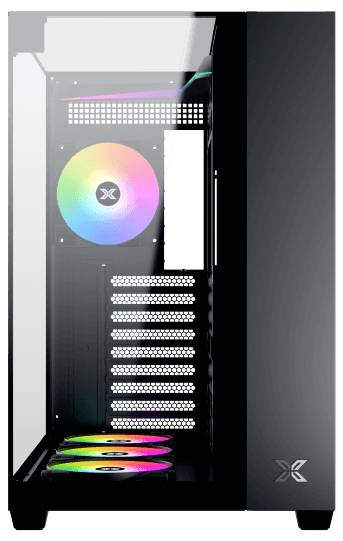 Computergehäuse mit Glasseitenpanel, das die interne RGB-Beleuchtung präsentiert und mehrere Lüftungsschlitze aufweist, geeignet für Gaming oder Hochleistungs-Konfigurationen.